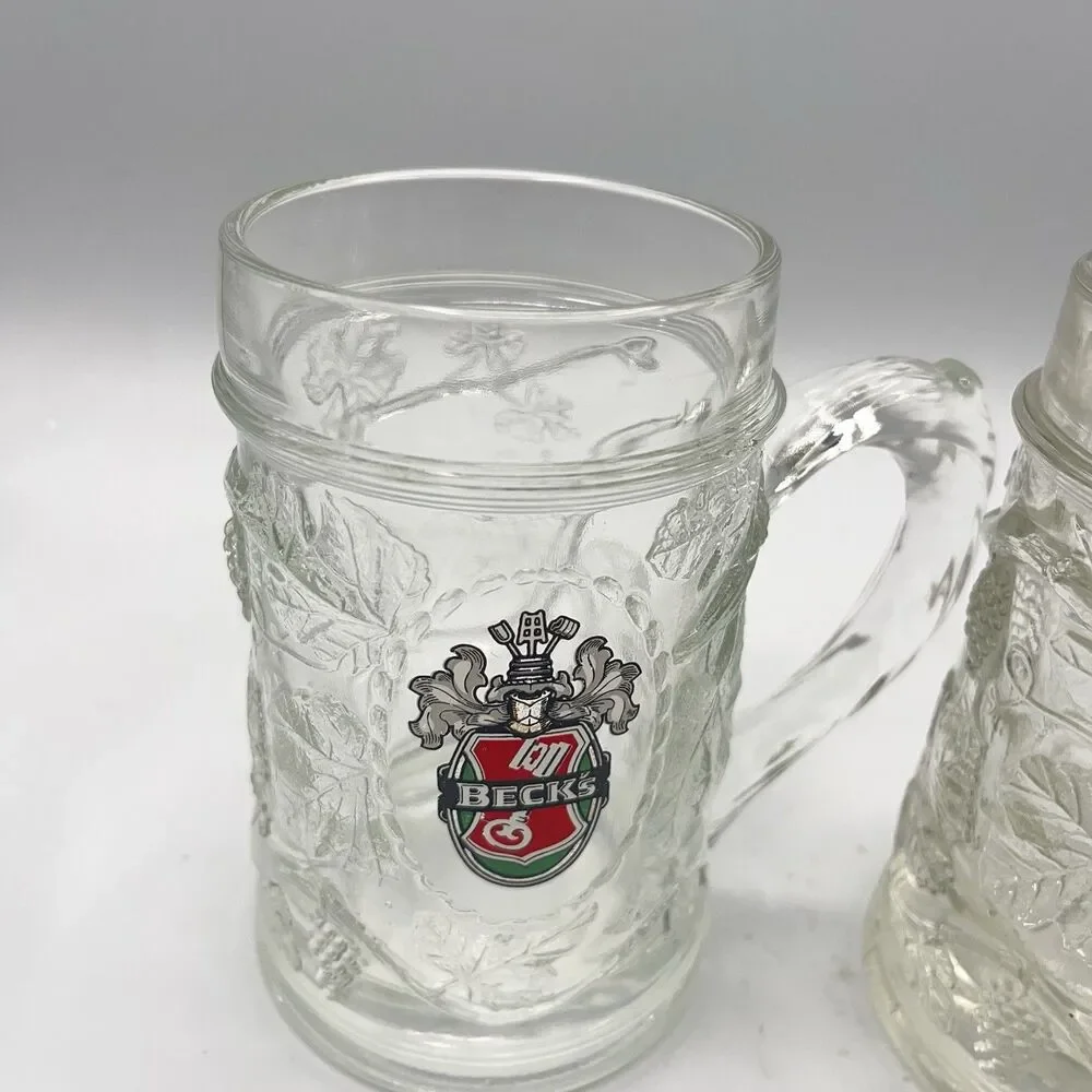 Becks Beer Heavy Thick Glass Mug Stein Grape Leaf Design Germany Set Of 2